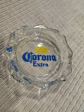 Corona Branded Glass Ashtray - Clear with Blue & Yellow Logo